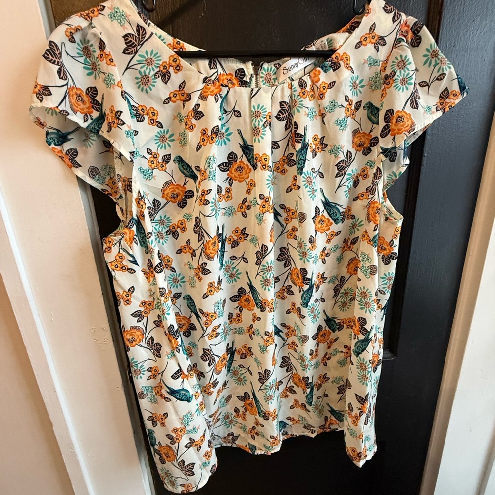 Sunny Girl ModCloth blouse Orange and Blue Floral 2x